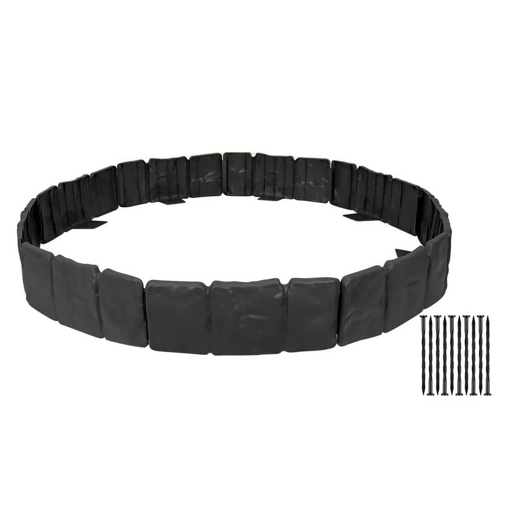 32 ft. x 4 in. Black Stone No Dig Plastic Interlocking Lawn Edging Fencing with Anchoring Spikes 40-Pieces - Hercitys