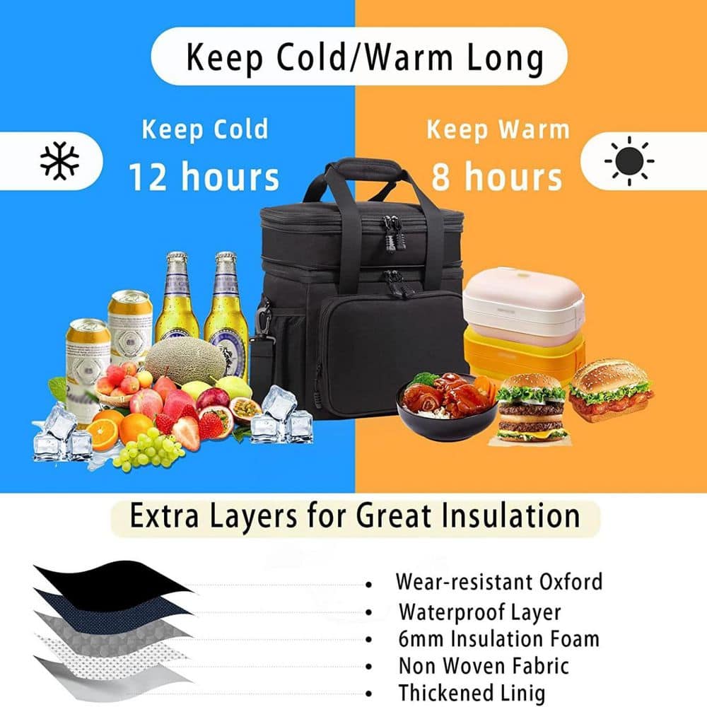 17 qt. Expandable Insulated Large Lunch Box Double Deck Heavy Duty Durable Leakproof Cooler Bag 20 Can Capacity Black - Hercitys