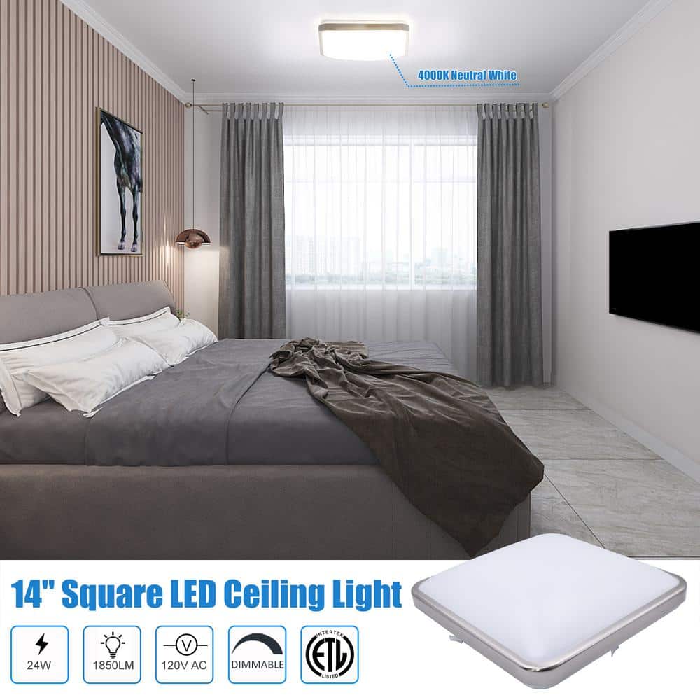 14 in. Brushed Nickel Dimmable LED Square Flush Mount Ceiling Light 4000K - Hercitys