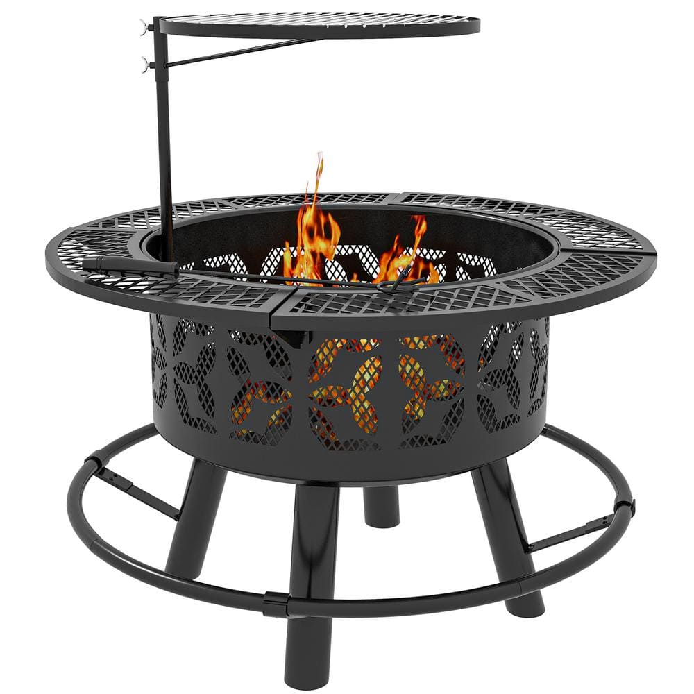 33 in. Round Outdoor 2-in-1 Wood Burning Fire Pits with Adjustable Cooking Grate Poker for Outdoor BBQ Bonfire, Black - Hercitys