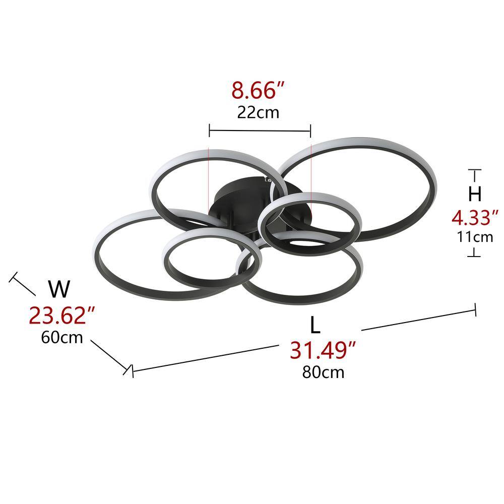 31.49 in. 6-Light Modern Black 40-Watt Integrated LED Flush Mount 6-Rings Circle Close to Ceiling Light - Hercitys