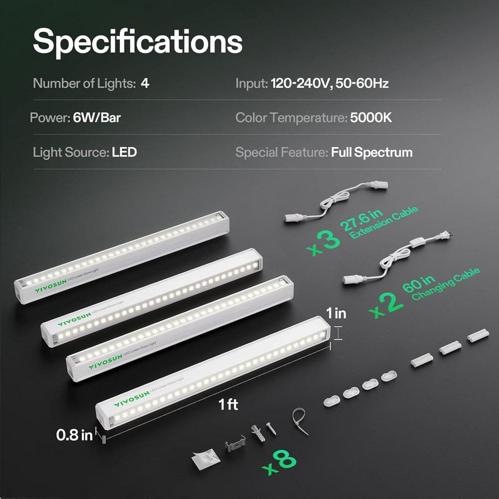 1 ft. 6W/Bar 5000K T5 Linear LED Grow Light, Full Spectrum, ‎Cool White (4-Pack) - Hercitys
