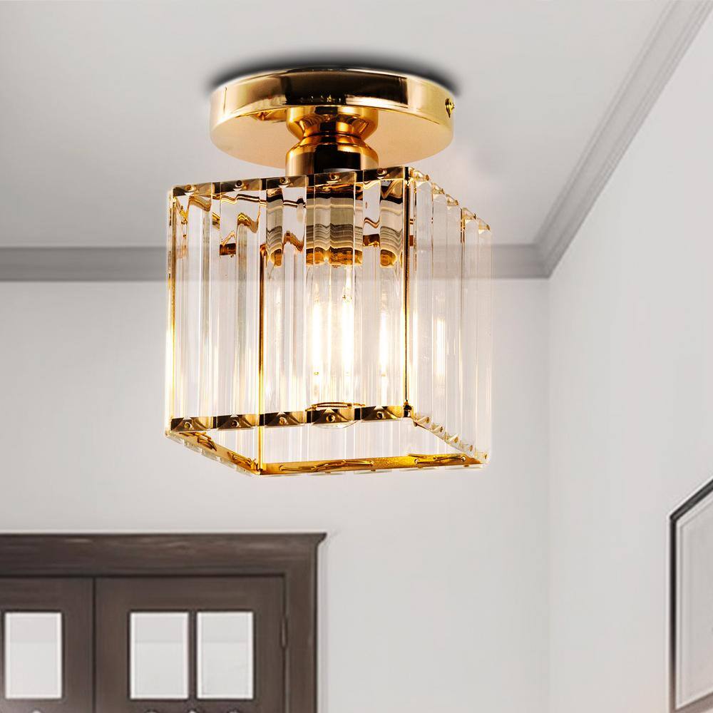 5.5 In 1 Light Gold Square Crystal Semi Flush Mount with Crystal Shade - Hercitys