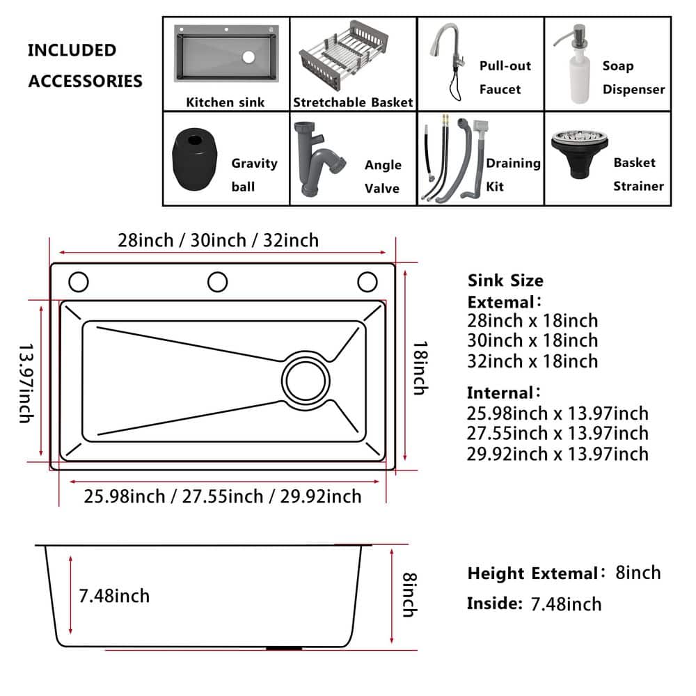 30 in. Drop-In/Undermount Single Bowl 16 Gauge Silver Stainless Steel Kitchen Sink with Faucet and Soap Dispenser - Hercitys