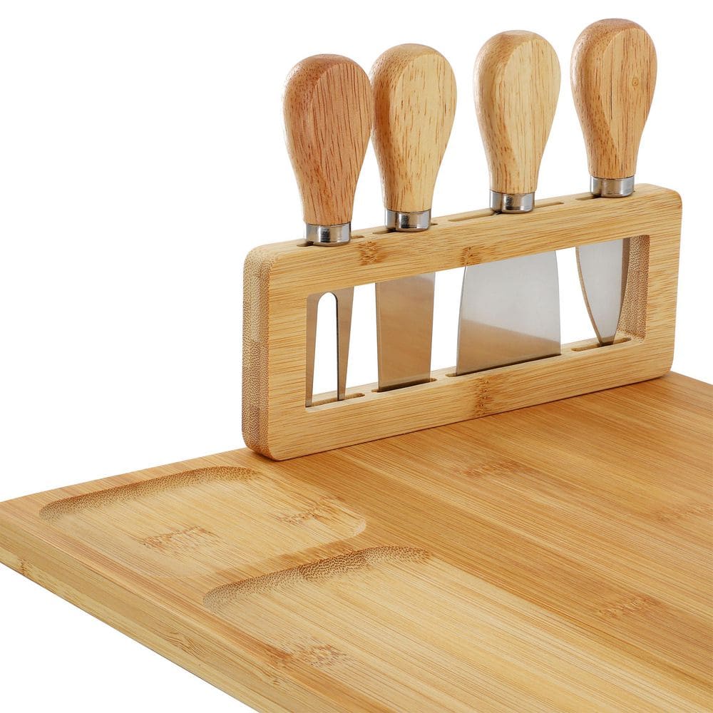 14 in. Bamboo Charcuterie and Cheese Board with Knife Stand Attachment and 4 Piece Knife Set - Hercitys