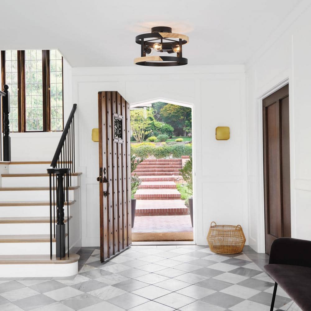 11.81 in. 3-Light Black Drum-Shaped Semi Flush Mount Chandelier for Hallway Entryway Dining Room - Hercitys