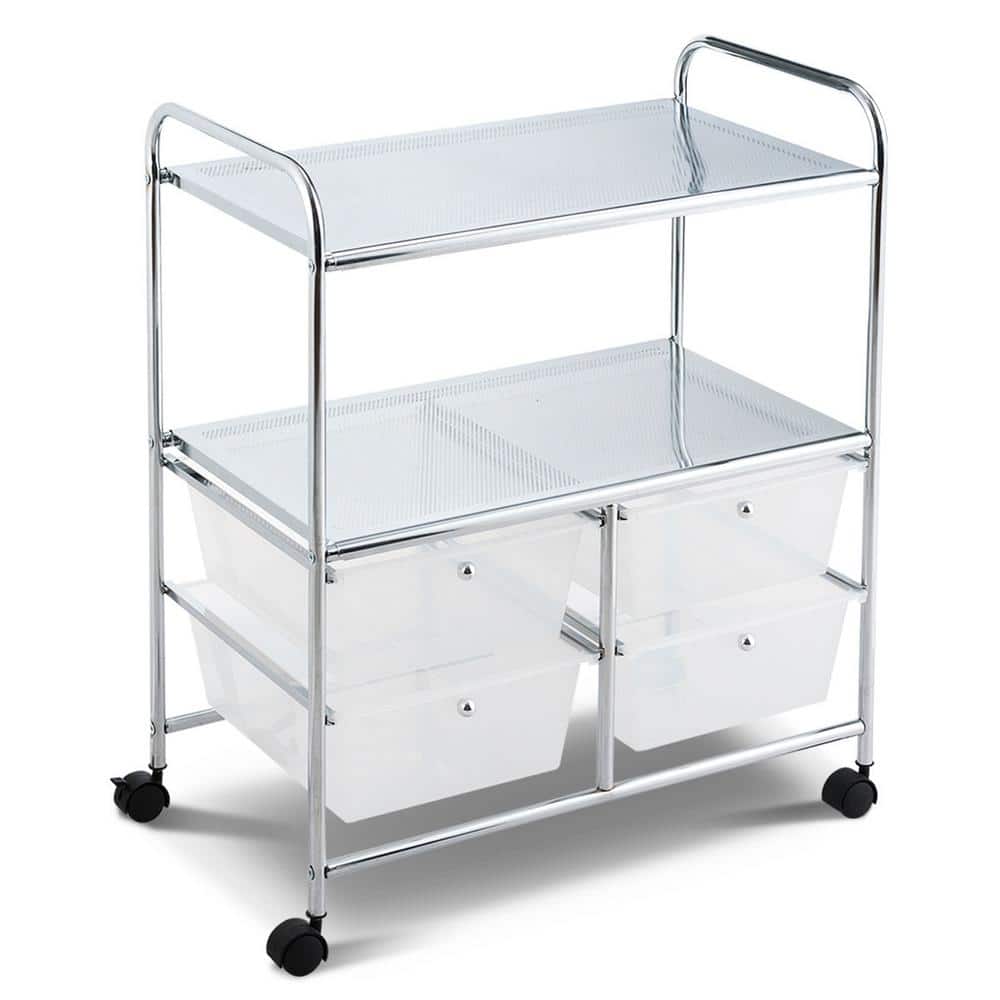3-Tier Metal 4-Wheeled Rolling Storage Cart Rack Shelf with 4 Drawers in Clear - Hercitys