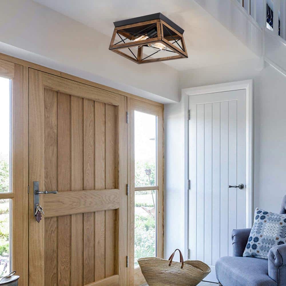 2-Light Barnwood Matte Black Flush Mount Ceiling Light Farmhouse Rustic Rectangle - Hercitys