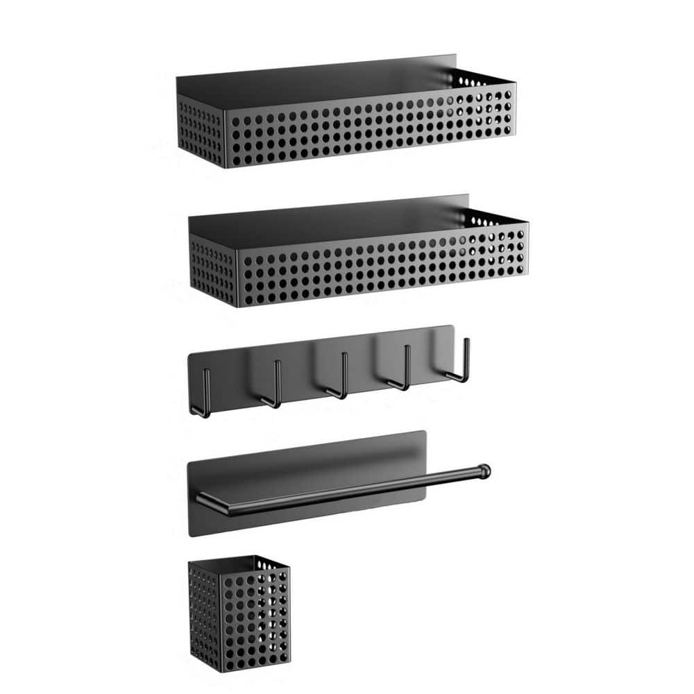 5-Piece Black Magnetic Spice Rack Set with Paper Towel Holder, Utensil Holder and Hook Rack - Hercitys