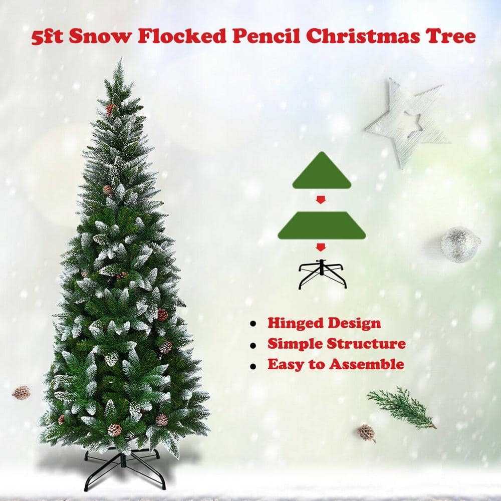 5 ft. Green and White Unlit Snow Flocked Artificial Christmas Tree Pencil with Hinged Pine Cones - Hercitys