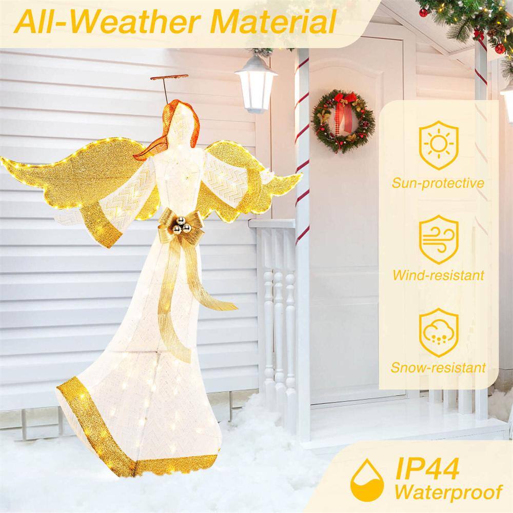 5.2 ft. White Fabric Christmas Lighted Angel with Halo & Bow Zip Ties and Ground Stakes 180 LED Lights - Hercitys