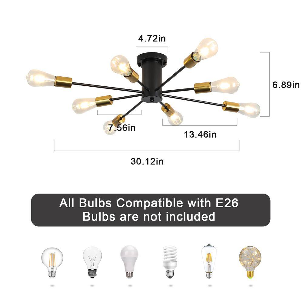 30.12 in. 8-Light Black and Gold Sputnik Transitional Flush Mount Ceiling Lights - Hercitys