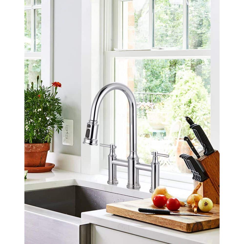 17.4 in Double Handle Pull Out Sprayer Kitchen 3 Hole Included Supply Lines in Polished Chrome - Hercitys