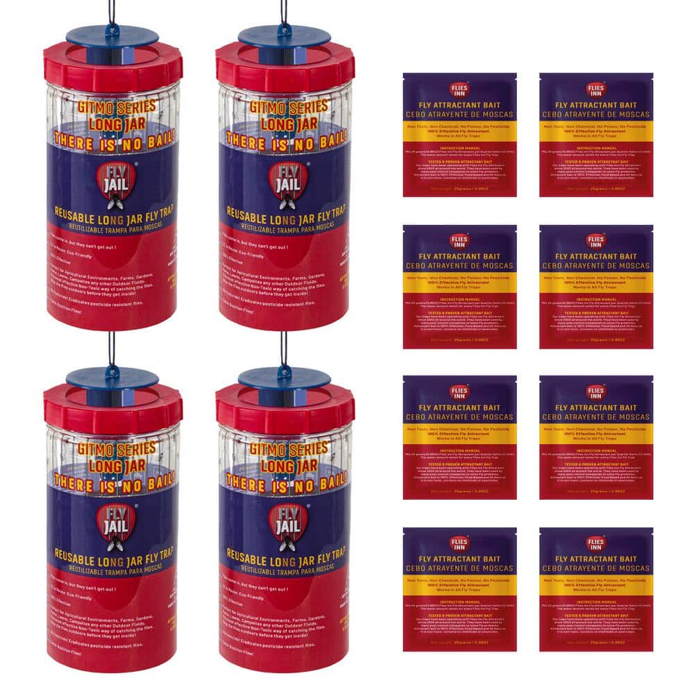 4 Gitmo Series Long Jar Outdoor Fly Trap with 8 Flies Inn Attractant Baits, Reusable, Effective Fly Catcher - Hercitys