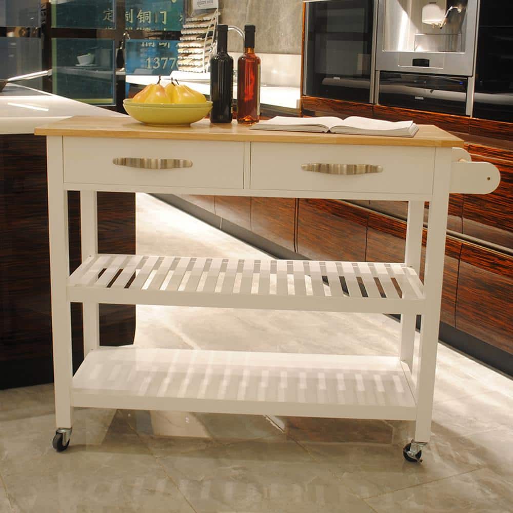 45.00 in. White Wood Kitchen Cart with 2 Lockable Wheels, Rubber Wood Top and 2-Drawers - Hercitys