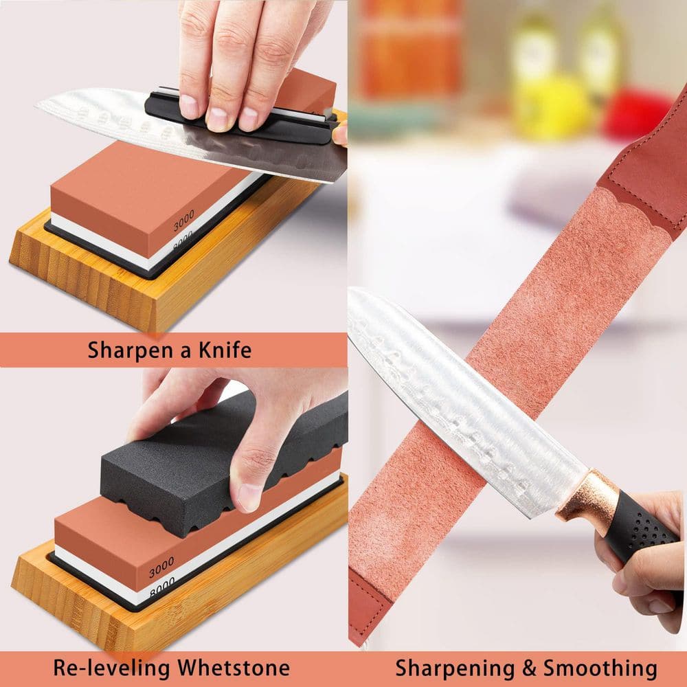 4-Side Emery Grit Whetstone, Knife Sharpening Stone with Non-slip Base, Leather Strop, Flattening Stone and Angle Guide - Hercitys