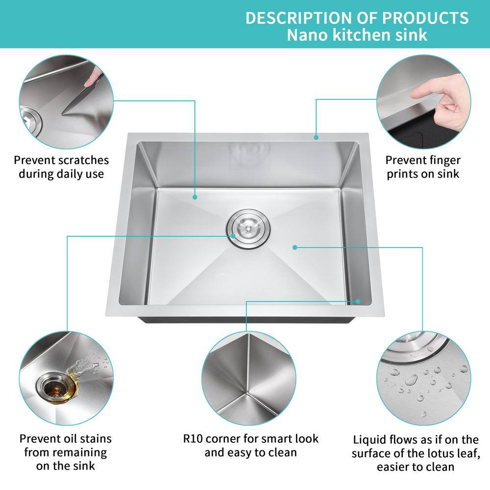 23 in Undermount Single Bowl 20 Gauge Stainless Steel Kitchen Sink with Strainer - Hercitys
