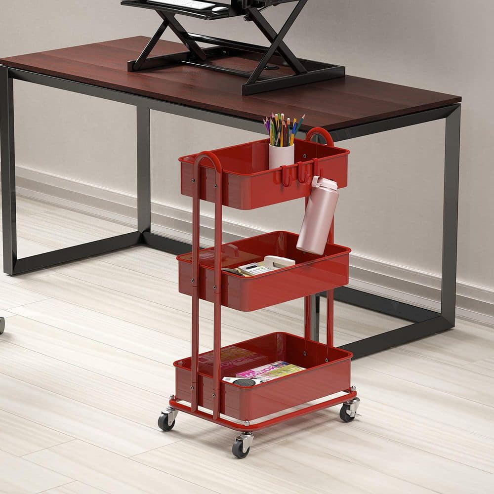 3-Tier Metal -Wheeled Utility Cart in Red - Hercitys
