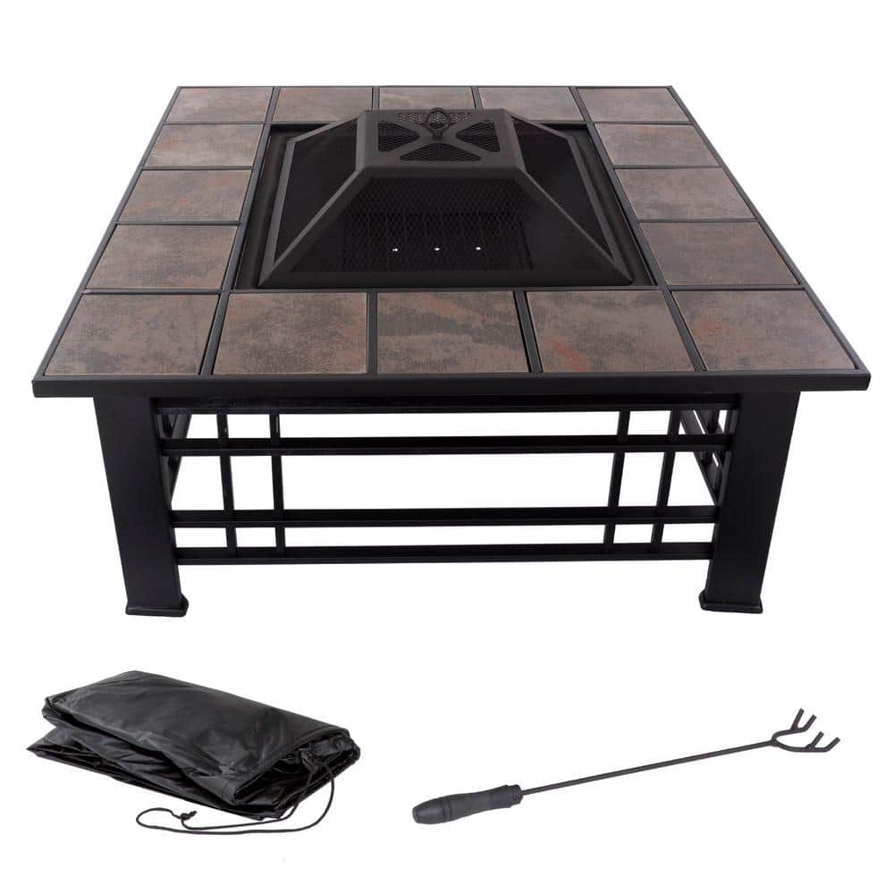 32 in. Steel Square Tile Fire Pit with Spark Screen and Poker - Hercitys