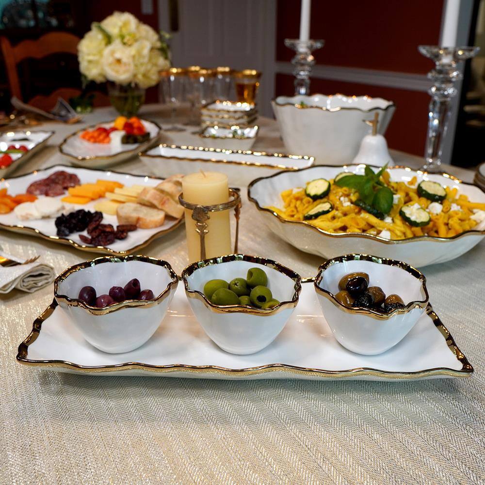 14 in. W x 6.25 in. H x 1.75 in. D White Porcelain Regency Gold 4-Piece Serving Tray - Hercitys