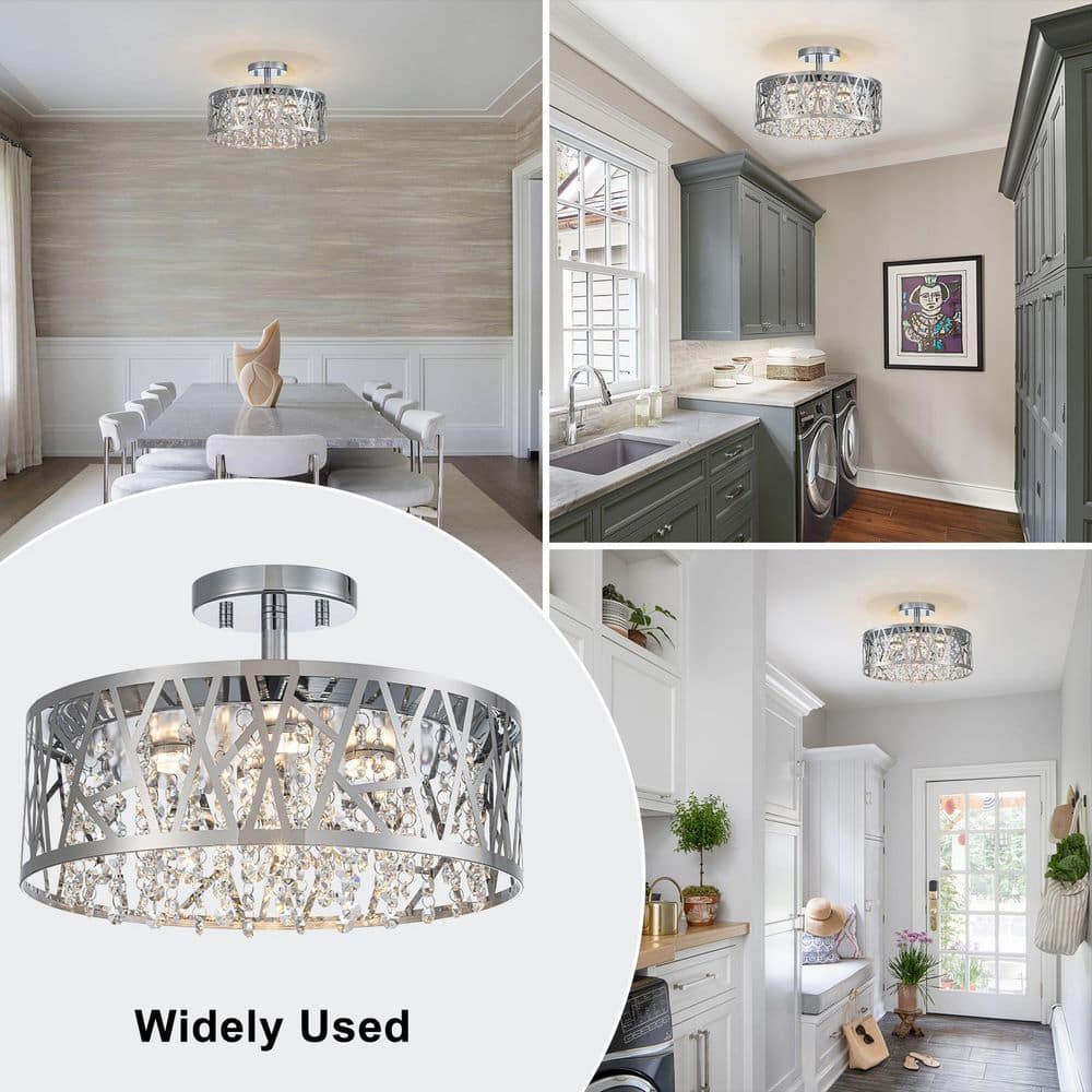 13.78 in. 1-Light Modern Chrome Round Dimmable LED Semi-Flush Mount Ceiling Light with Beaded Drum Crystal Shade - Hercitys