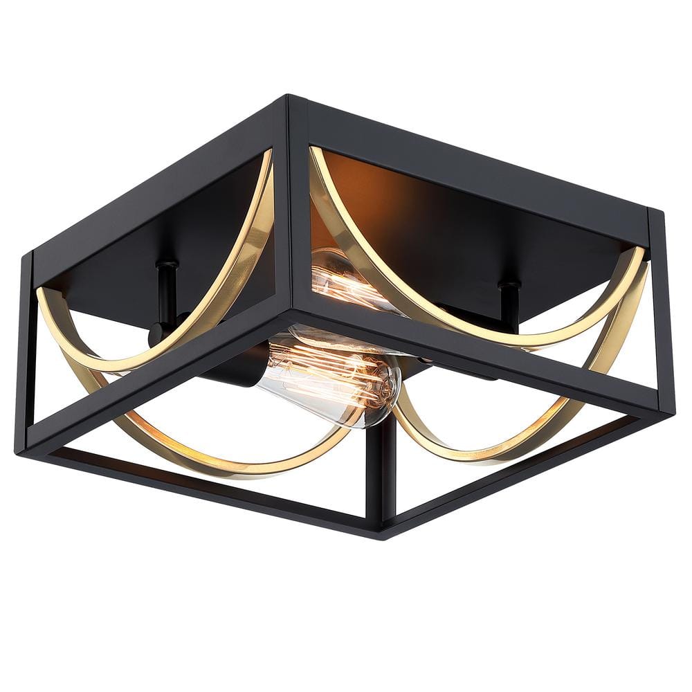11.8 in. 2-Light Matte Black and Brass Square Flush Mount Ceiling Light - Hercitys