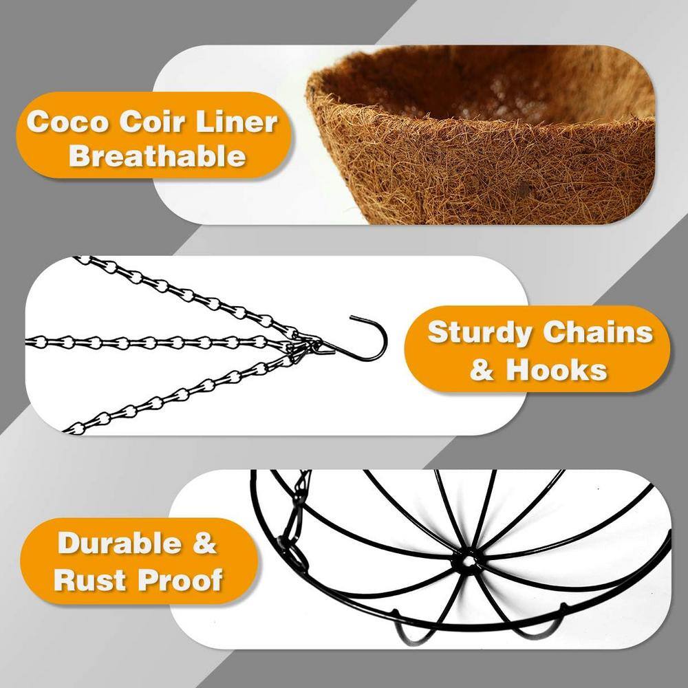 14 in. Brown Round Metal Hanging Basket Planter with Coco Fiber Liners (2-Pack) - Hercitys