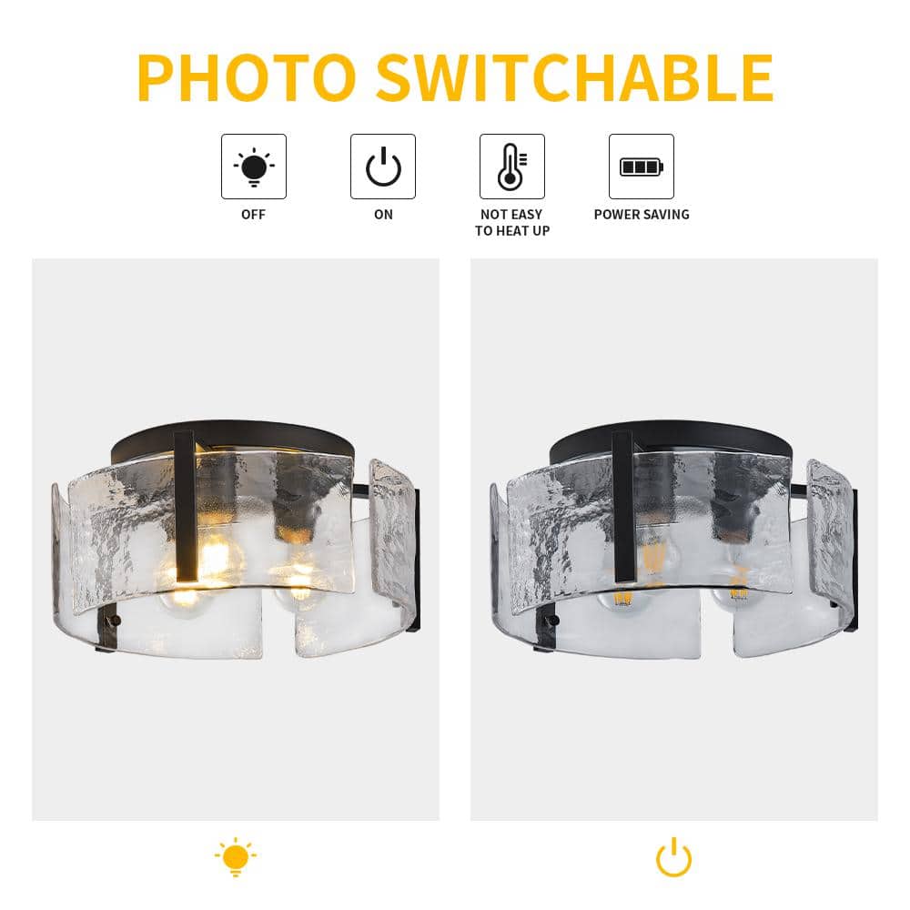 14.17 in. 3-Light Industrial Black Flush Mount Modern Ceiling Lighting Fixture with Water Glass Shade - Hercitys