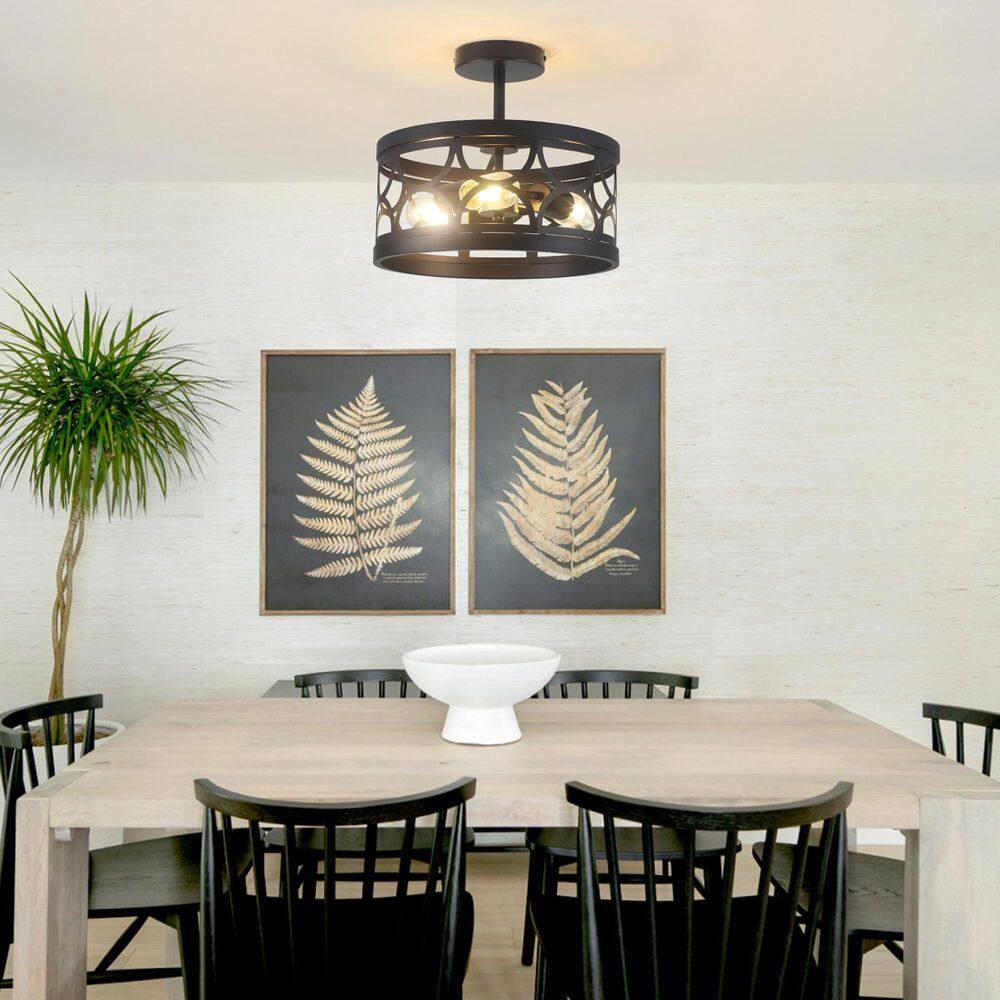 12.6 in. 3-Light Black Farmhouse Drum Semi-Flush Mount Light with Metal Shade - Hercitys