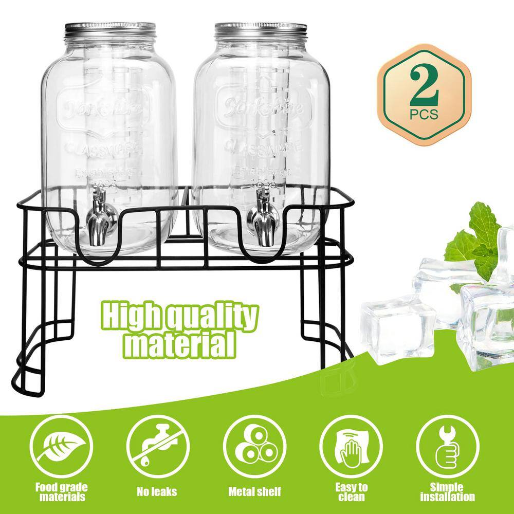 2-Pack 1 Gal. Glass Drink Dispenser, Beverage Dispenser with Stand, Stainless Steel Spigot and Ice Cylinder - Hercitys