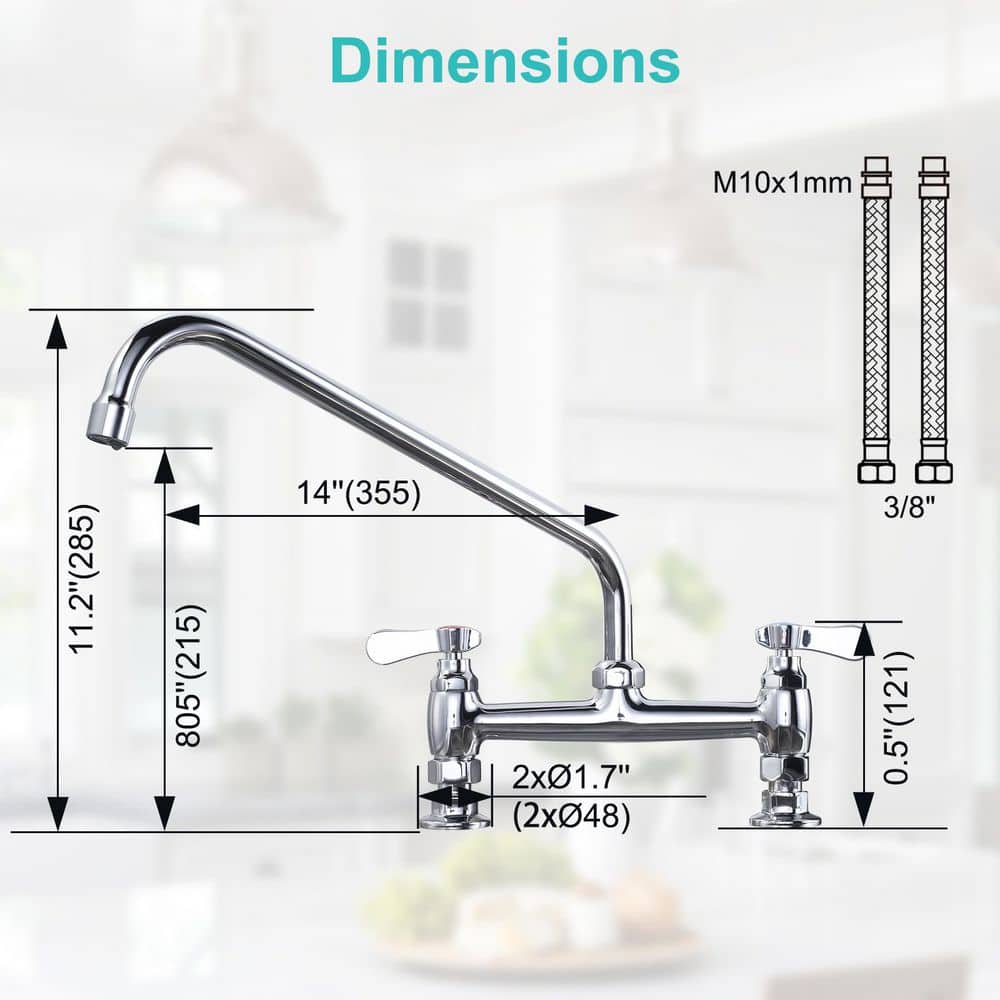 14 in. Double Handle Deck Mount Standard Kitchen Faucet in Chrome - Hercitys