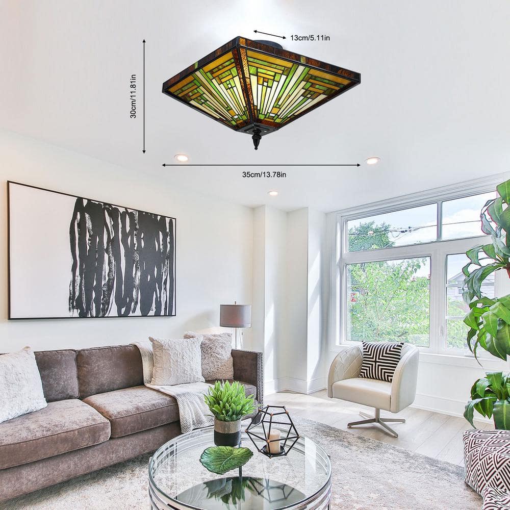 13.78 in. 2-Light Vintage Elegant Multi-Colored Stained Glass Semi-Flush Mount Ceiling Light - Hercitys
