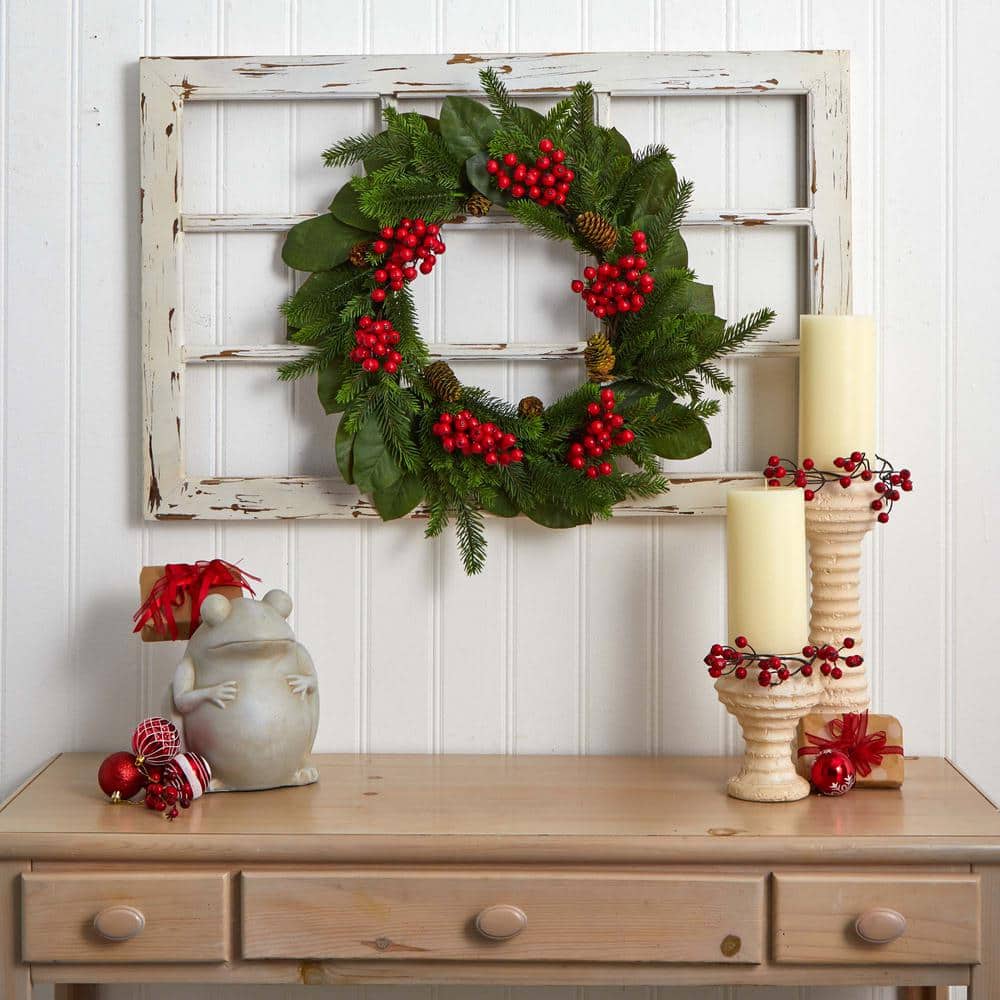 24in. Artificial Unlit Artificial Holiday Wreath with Magnolia Leaf, Berry and Pine - Hercitys