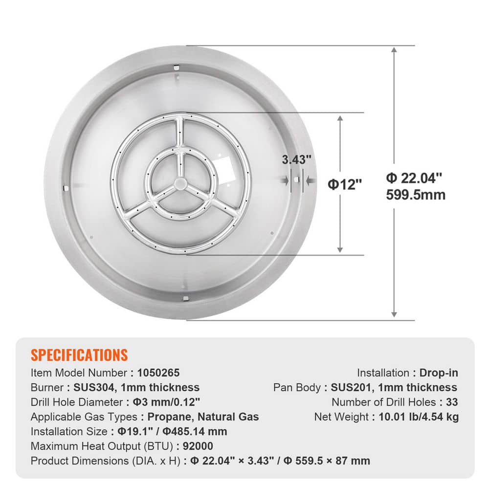 19 in. Round Drop-in Fire Pit Pan, Stainless Steel Fire Pit Burner, Natural and Propane Gas Fire Pan 92,000 BTU with Lid - Hercitys