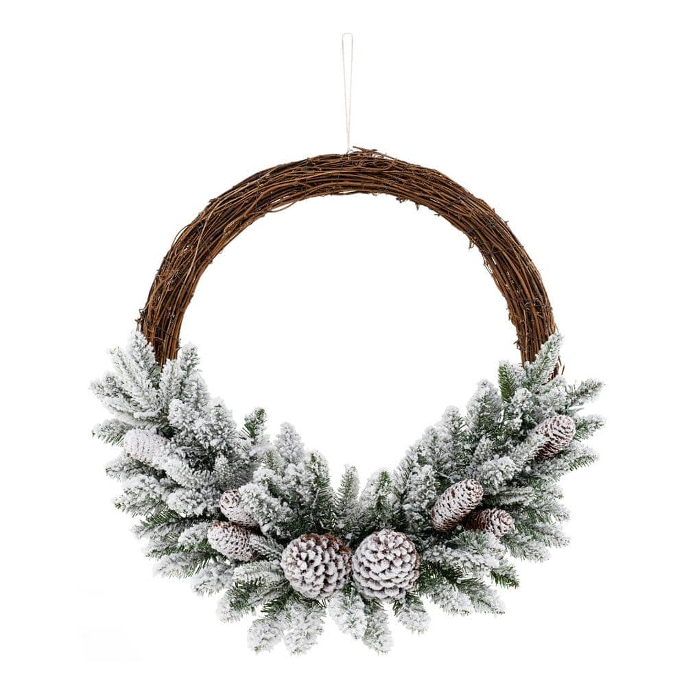 24 in. White Snow Flocked Pre-Lit LED Artificial Christmas Wreath with Pine Cones - Hercitys