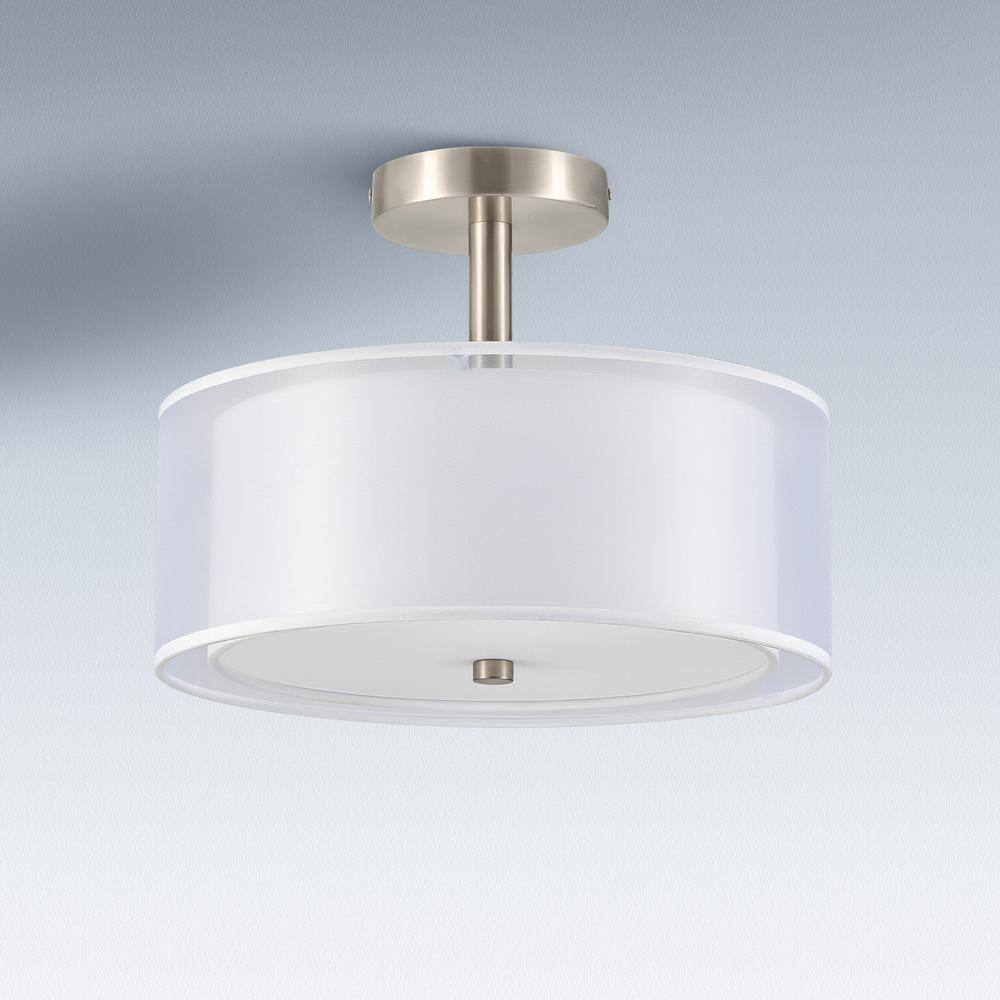 13 in. 3-Light Brushed Nickel Semi-Flush Mount with Double Fabric Shades - Hercitys