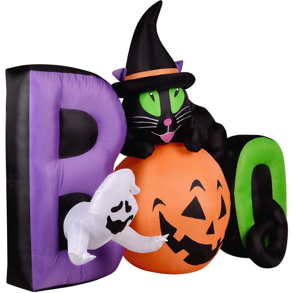 5 ft. Pre-Lit Boo Sign with Black Cat, Jack-O-Lantern and Ghost Halloween Inflatable - Hercitys