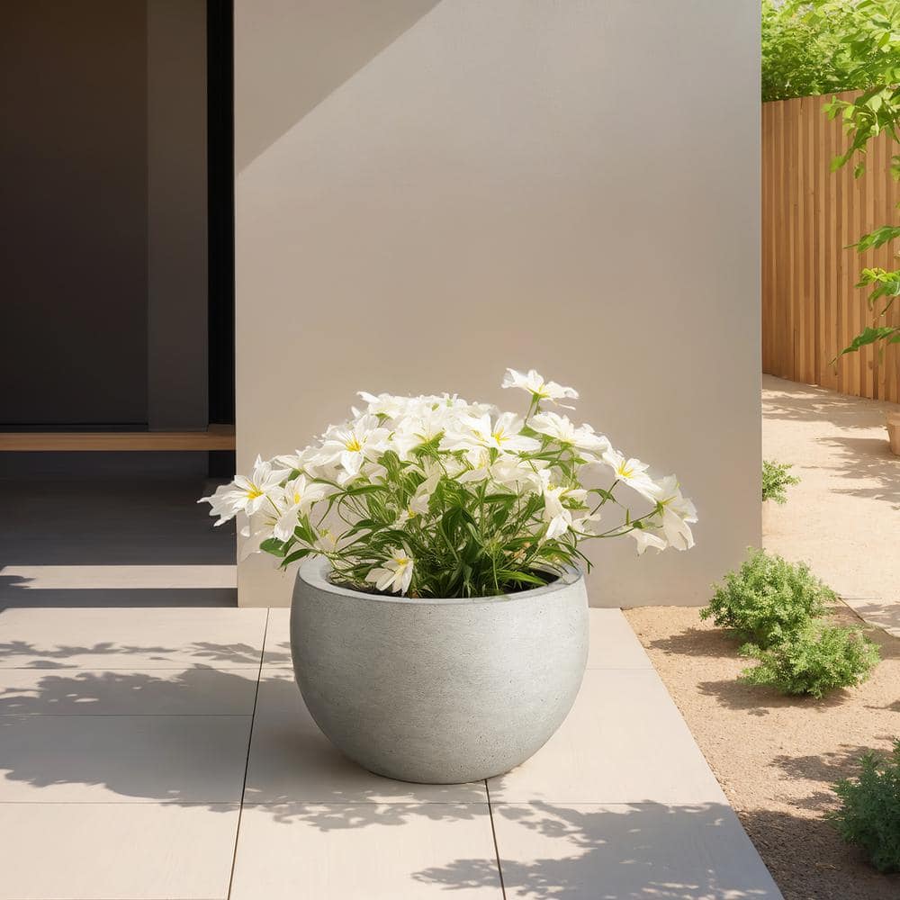 19 in. Large Light Gray Concrete Round  Planter / Pot with Drainage Holes - Hercitys