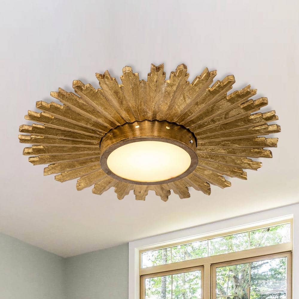 21.65 in. 16-Watt Integrated LED Gilt Wood Sunburst Flush Mount Ceiling Light Fixture - Hercitys