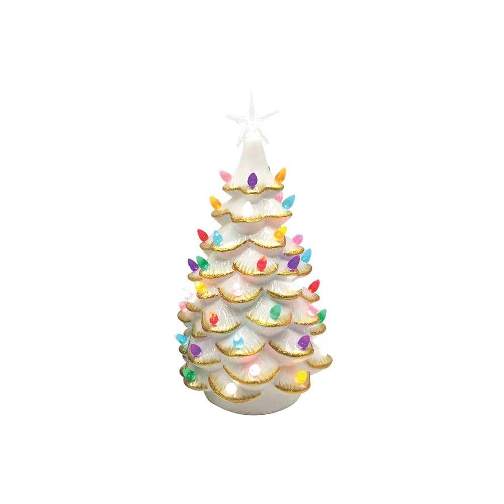 14 in. Lighted White Ceramic Tree With Gold Tips - Hercitys