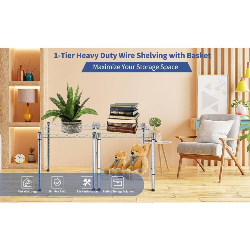 1 Tier Metal Stackable Household Shelving Unit in Chrome with Basket (13.8 in. W x 14.6 in. H x 15 in. D) - Hercitys