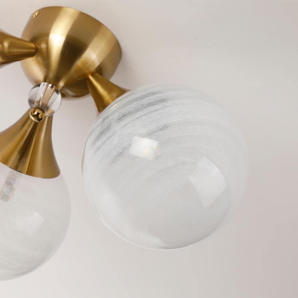 18 in. 3-Light Brass Triple Semi-Flush Mount with White Bubble Glass Shade and No Bulbs Included - Hercitys