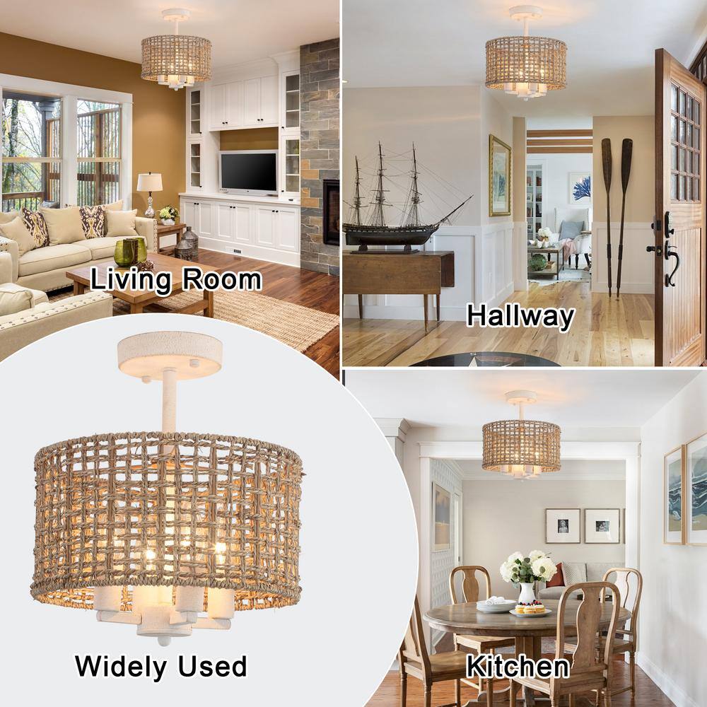 11.8 in. 4-Light Distressed White Farmhouse Drum Semi-Flush Mount Ceiling Light Fixture with Hand Woven Shade - Hercitys