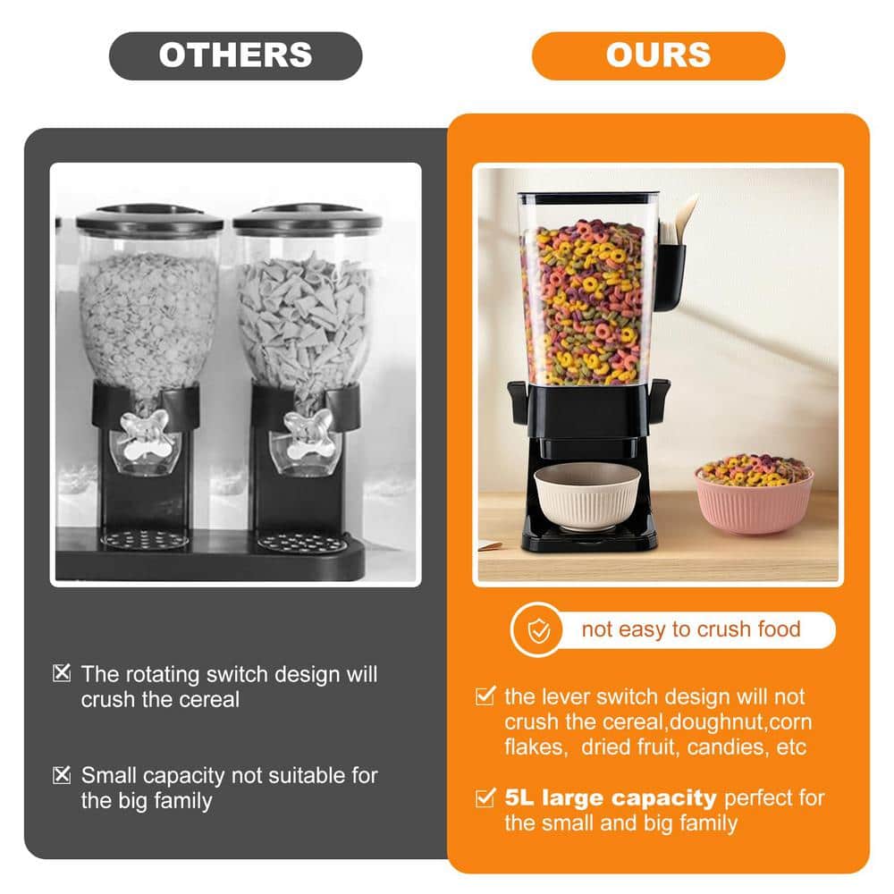 2-Piece Black Dry Food Dispenser, Countertop Cereal Dispenser with Bowls, Spoons and Cutlery Box - Hercitys