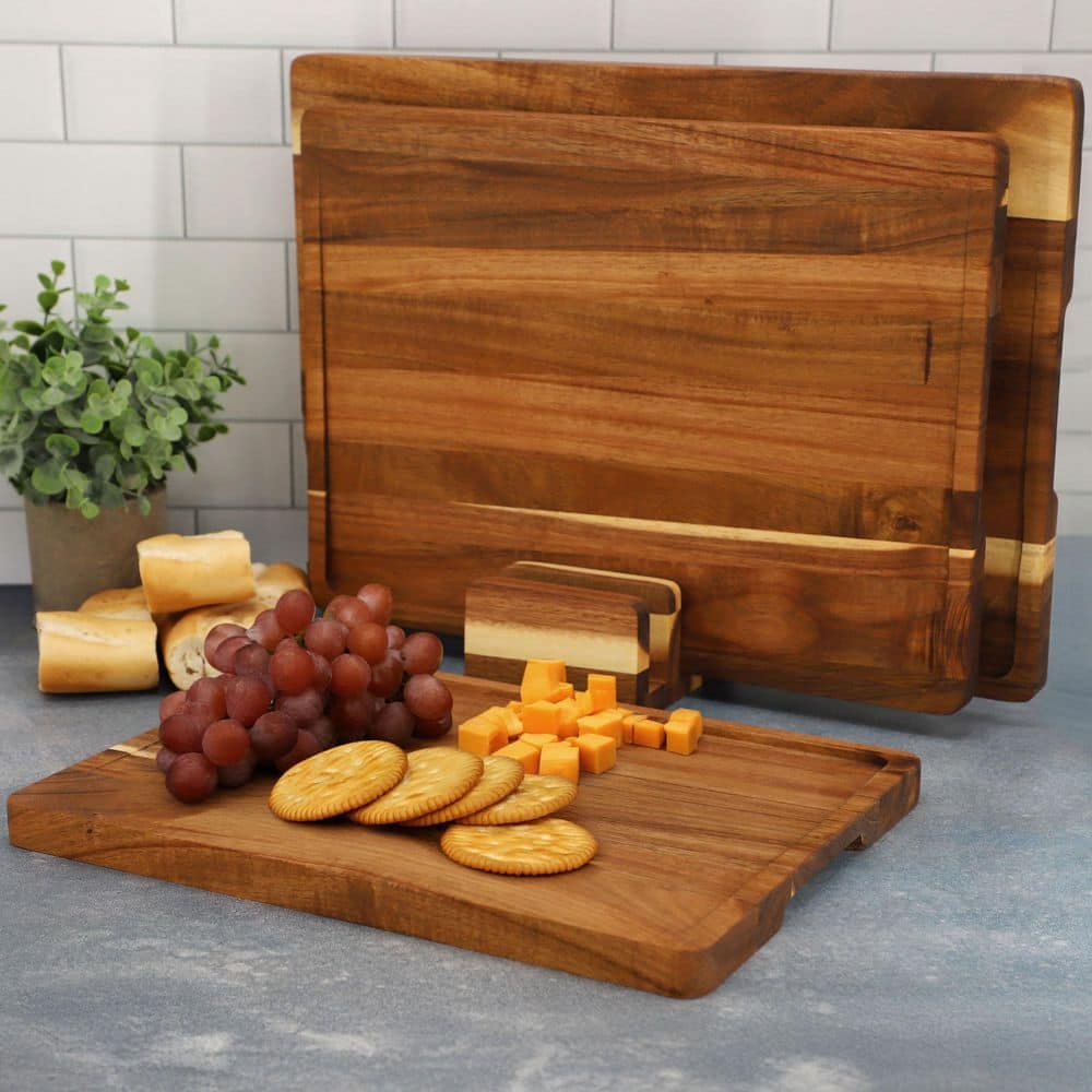 3 Piece Acacia Wood Cutting Board Set with Base - Hercitys
