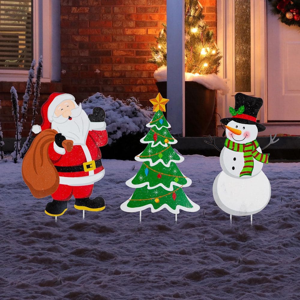 24 in. H Set of 3 Metal Santa/Snowman/Tree Yard Stake or Wall Decor ( KD, 2 Function) - Hercitys