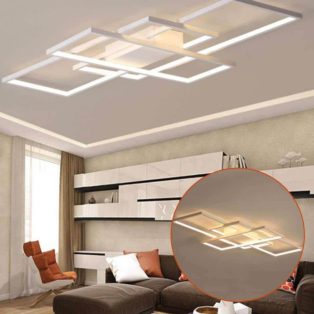 35 in. 1-Light Modern White Integrated LED Square Acrylic Dimmable Flush Mount Ceiling Light with Remote - Hercitys