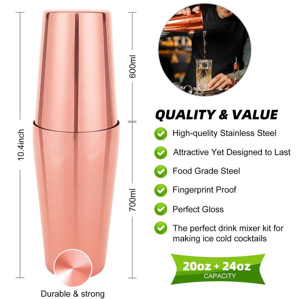 23-Piece 20 oz. and 24 oz. Rose Gold Stainless Steel Cocktail Shaker Set with Acrylic Stand and Cocktail Recipes Booklet - Hercitys