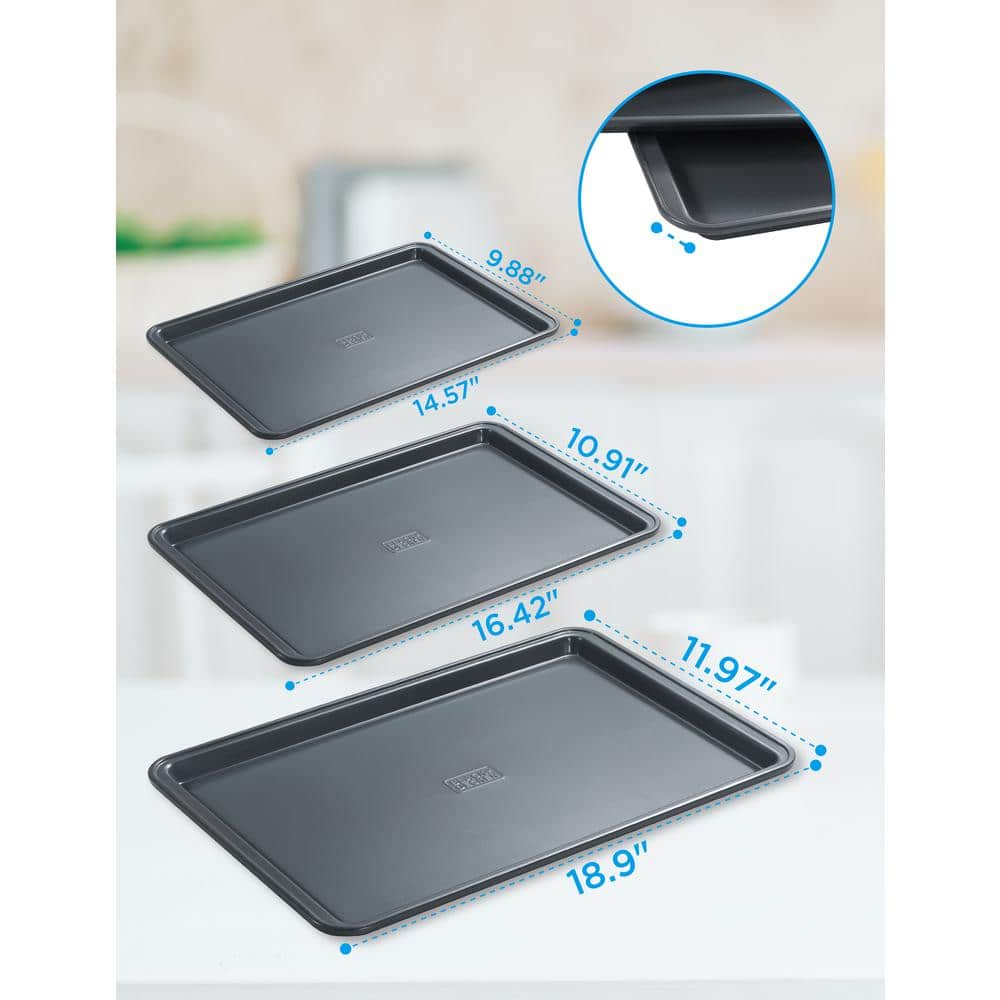 3-Piece Carbon Steel Baking Sheet Set, 0. 4mm Carbon Steel Baking Pans Set with Ceramic Non-Stick Coating, Black Finish - Hercitys