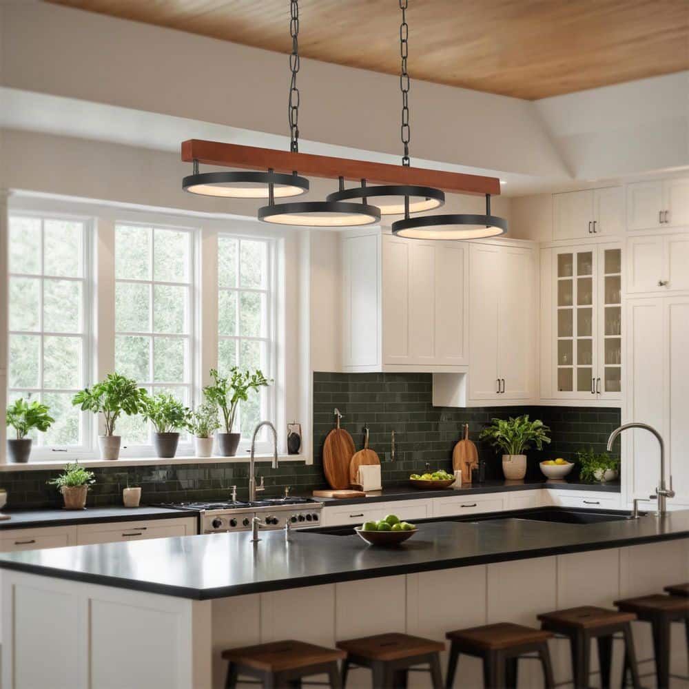 4-Light Integrated LED Black Ring Flush Mount Ceiling Light, Modern Dimmable 32W Chandelier with Remote Flush Or Pendant - Hercitys